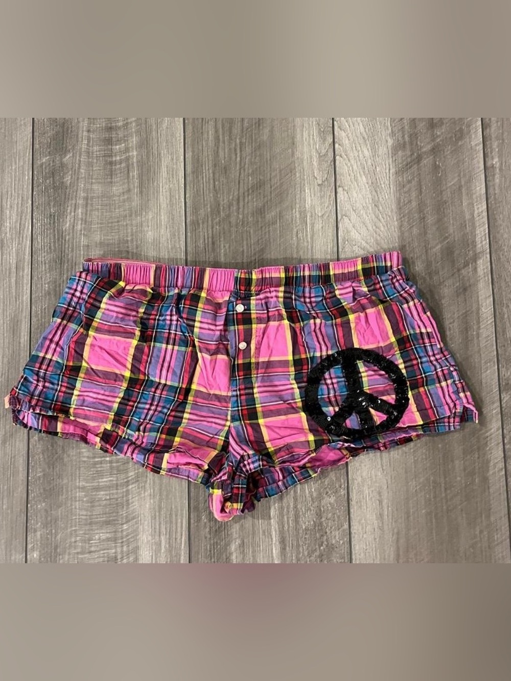 Y2K mini Victoria's Secret PINK plaid shorts with black peace sign in black sequ